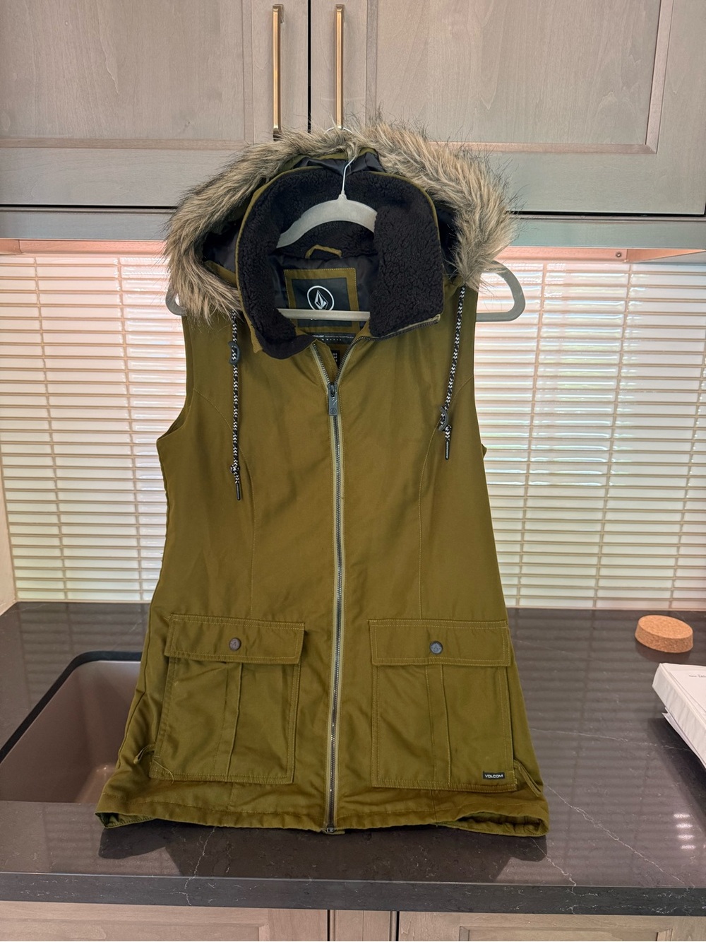Volcom Olive Hooded Faux-Fur Trim Utility Vest (removable hood)